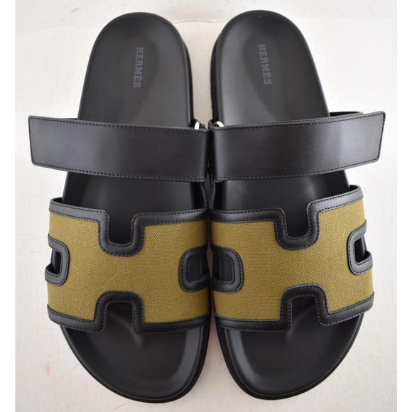 Hermes Chypre Sandal Mens Black Olive Green Canvas Cargo H Logo Slide Flat 45 12 - Picture 10 of 16